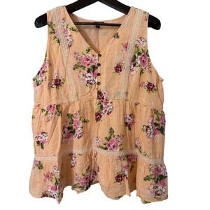 Torrid Womens Plus Size 2 Peach Floral Lace Trim Babydoll Peplum Tank Sleeveless